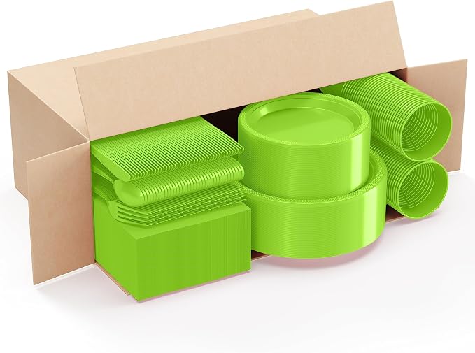 350 Pcs Lime Green Plastic Plates For Party, Lime Green Disposable Plates Set, 50 Of Each 9" Dinner Plate Set, 7" Dessert Plate, Cups, Napkins & Cutlery Plastic Dinnerware Set Exquisite