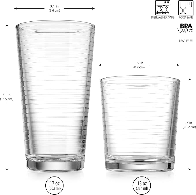 Drinking Glasses - Set of 8 Glass Cups, 4 Highball Glasses (17oz) 4 Rocks Glasses (13oz) Ribbed Glasses for Mixed Drinks, Water, Juice, beer, Wine, Excellent Gift!