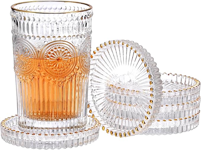 Set of 5 Modern Clear Coaster-Glass Coasters for Drinks,Clear with Gold Rim | Crystal Coasters Round Cup Mat, Coffee Table Decor for Office, Kitchen, Bar, Dining Room, Living Room, Patio