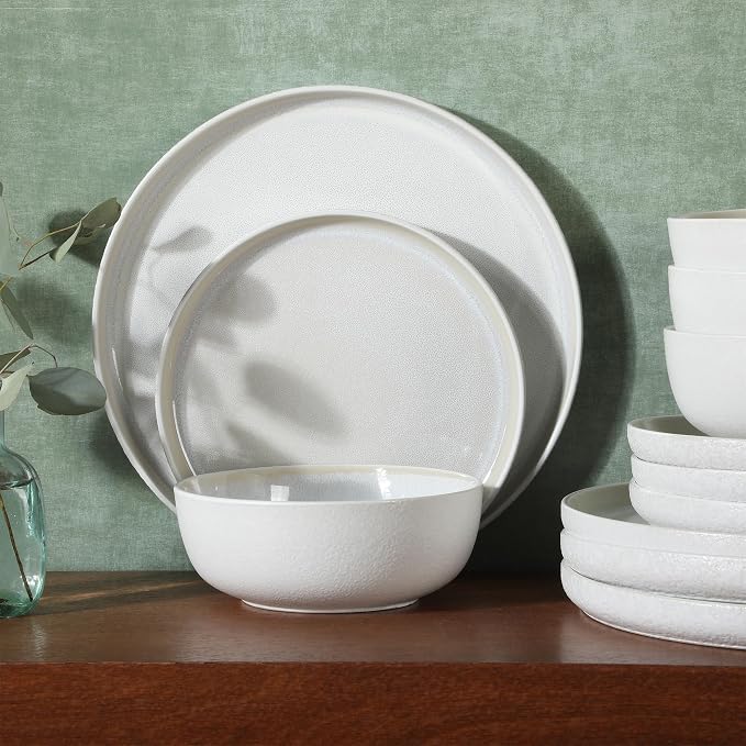 Gibson Elite Tahoe Sunset 12 Piece Stoneware Reactive Glaze (Service for 4) Ceramic Plates and Bowls Dinnerware Set - Cream White