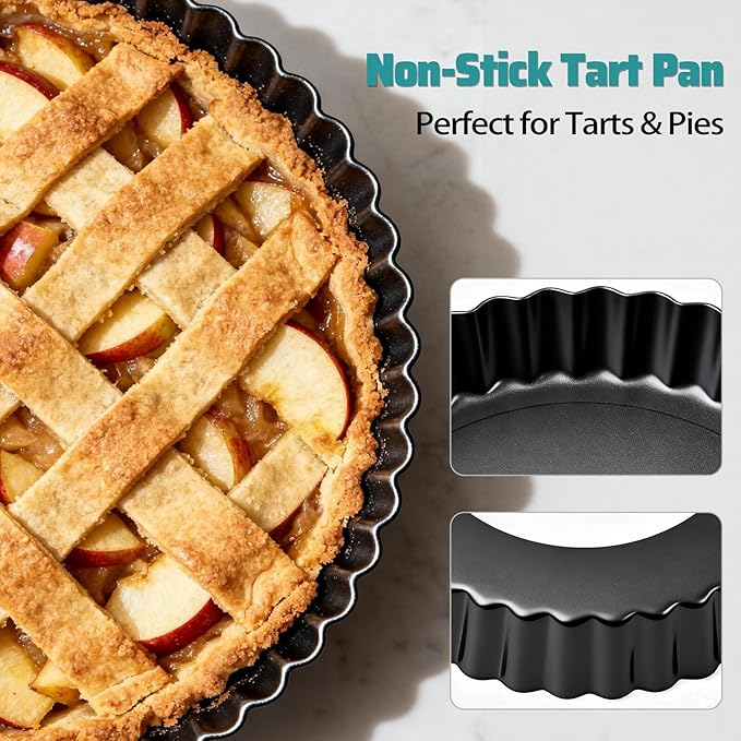 2 Pack 9 Inch Tart Pan Removable Bottom Non Stick Carbon Steel Pie Pan | Fluted Edges Tart Pans for Fruit Tarts Quiches & Pies - Round Baking Mold Bakeware for Homemade Desserts
