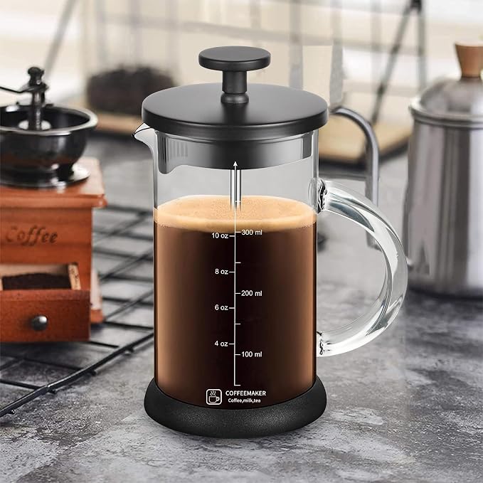 YMMIND French Press Coffee Maker 12 Ounce Espresso Tea Coffee Maker with 4 Filters System, Stainless Steel Plunger and Heat Resistant Borosilicate Glass BPA-Free Brewed Tea Pot Coffee Plunger