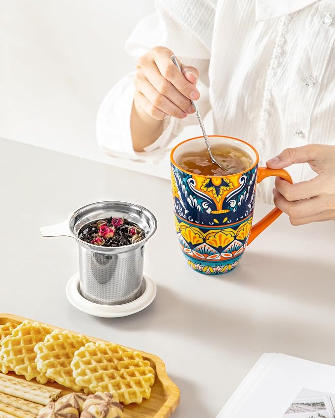 vancasso 18 Oz Tea Infuser Mug with Lid, Amber Iris Bloom | Eye-Catching Bohemian Pattern, Adds Charm to Any Tea Corner, Ceramic Mug with Infuser, Microwave and Dishwasher Safe