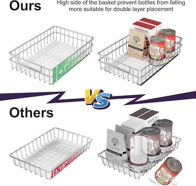 Stainless Steel Pull Out Cabinet Organizer(11.8"W x 16.5"D x 4.7"H)-1 Pack, Minimalist Design Frame, Full-Extension Slide Rails, Easy Installation for Pantry Organizers or Kitchen Cabinet Organizer