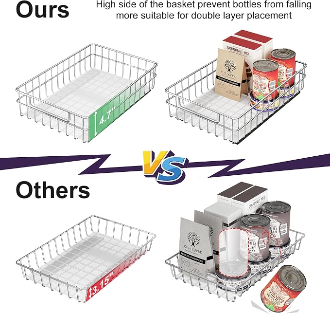 Pull out Cabinet Organizer, Stainless Steel 4-Pack (9.8"W x 16.5"D) Full-Extension Slide out Drawer, Adhesive Roll out Can Spice Storage Basket Shelf Rack for Pantry, Kitchen, Bathroom, Home Closet