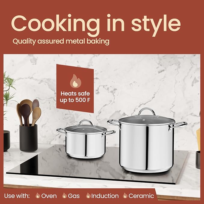 Stainless Steel Stockpot with Tempered Glass Lid 12 Quart, Durable 18/0 Stainless Steel, Impact-Bonded Base for Even Heating, Riveted Handles, Oven & All Stove Compatible, Safe Up To 500°F (260°C)