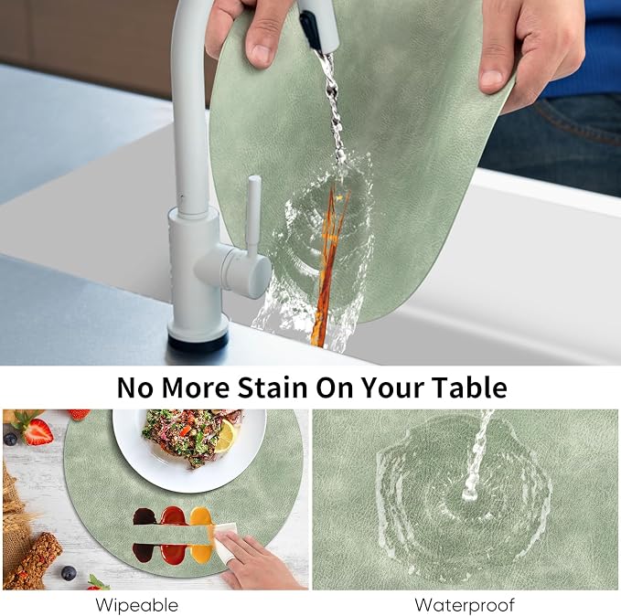 ADRIMER Placemats, Heat Resistant Round Placemats Set of 8 Washable, Waterproof Table Mats, Wipeable Faux Leather Place Mats for Kitchen, Dining Room, Green