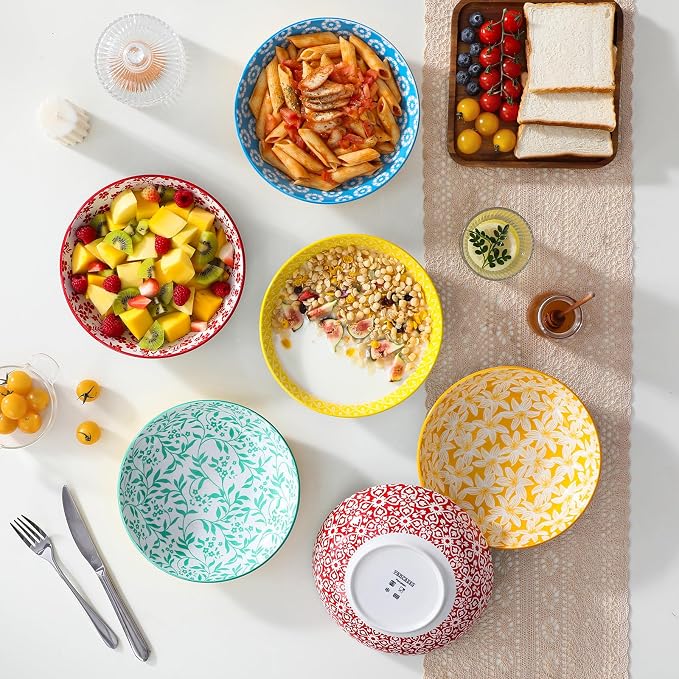 vancasso 8.5" Pasta Bowls Set of 6, 40 oz Porcelain Shallow Salad Bowls, Serving Bowls Large Kitchen Bowl Plates Pasta Dishes Plates, Colorful Floral Design, Microwave Safe, Series SELENE