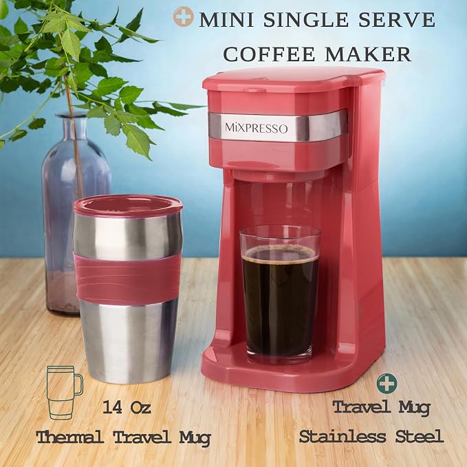 Mixpresso Single Serve & Single Cup Coffee Maker with 14oz Travel Mug Red | For ground coffee only, reusable filter, auto shut off. Compact personal drip coffee maker, not compatible with K-Cup pods.
