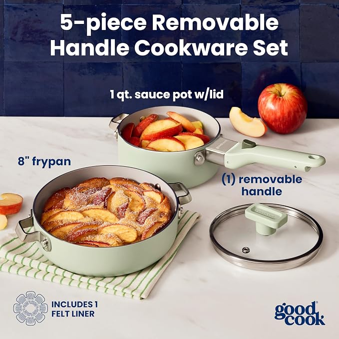 GoodCook Ceramic Cookware Set 5-Piece with Removable Handle, Induction Compatible, Nonstick and Oven Safe with 8-Inch Frypan, Sage Green