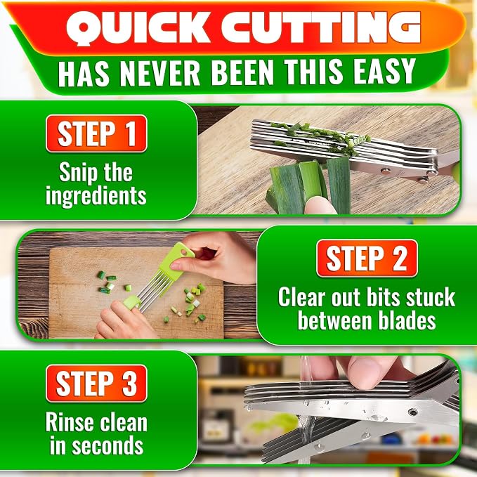 Herb Scissors with 5 Blades and Cover, Cleaning Brush, Even Cuts | Cilantro Cutter for Kitchen, Stainless Steel with Non-Slip Handle; Green Onion Scissors for Parsley, Salads and Greens