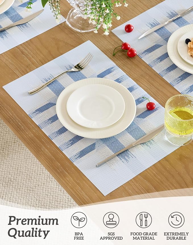 Leetaltree Geometric Print Blue Placemats Set of 6 - Heat Resistant Non-Slip Place mats for Dining Table, Washable Durable PVC Vinyl Woven Table Mats (Geometric Blue, 6)
