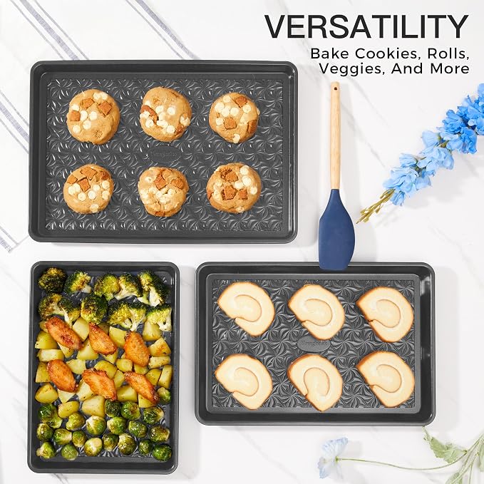 Nonstick Baking Sheet Pan Set of 3, Cookie Sheets for Oven, Non-Toxic, Gray | Half, Quarter & Jelly Roll Pans, Floral Swirl Texture, Heavy-Duty 0.8mm Carbon Steel, Even Heat Distribution