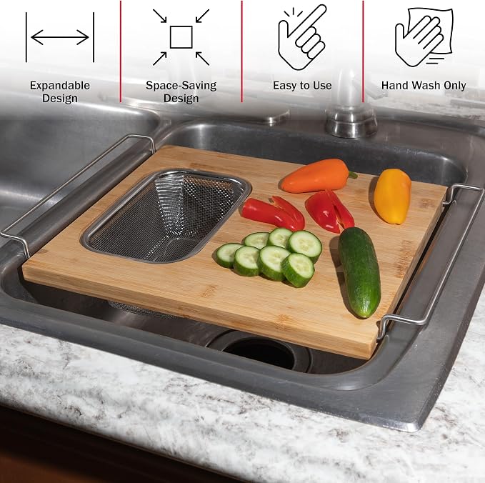 Classic Cuisine 2 in 1 Cutting Board with Strainer, Natural, 13.2” x 11.5” | Adjustable Bamboo Chopping Board with Removable Stainless Steel Colander for Over the Sink