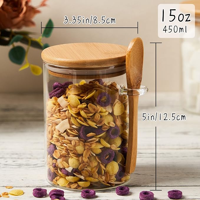 15 oz Glass Sugar Container, 4 Pack Coffee Container, Glass Jars with Lids | Seal, BPA-Free, Bamboo Soop, Coffee Bar Accessories, for Coffee Beans, Creamer, Salt, Overnight Oats, Brown sugar, Candy, Tea