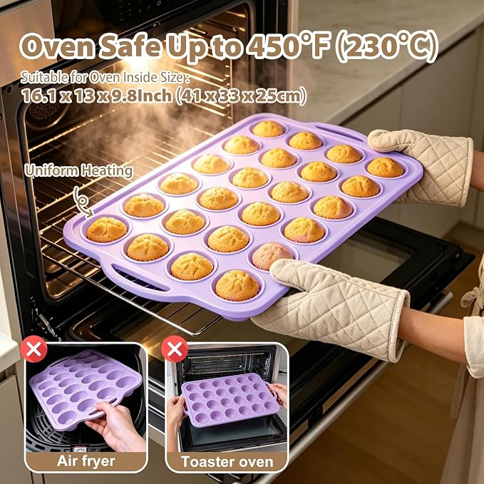 Mini Silicone Muffin Pan with Frame Non Stick Cupcake Tin Baking Mold | Silicone Cupcake Pan with Handles 24 Cup, BPA Free Silicon Muffin Tin Tray Small for Baking, Egg Bites, Cupcake Mold Purple