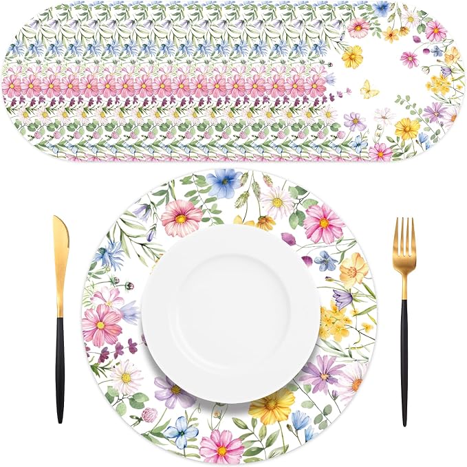 Watercolor Wildflower Wreath Paper Placemats - 50PCS Disposable Round Table Mats for Summer Brunch Birthday Wedding Anniversary Bride Party Supplies
