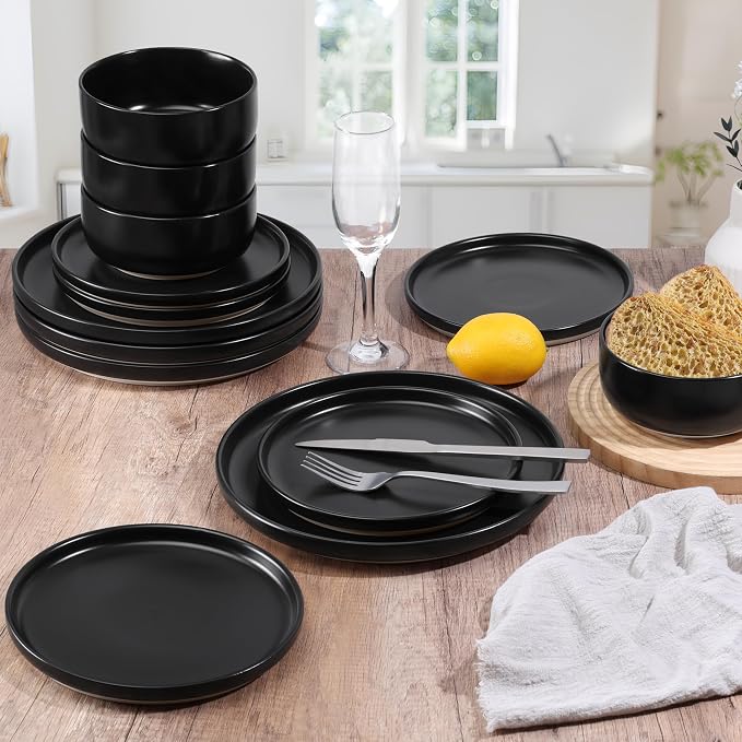 HaWare Dinnerware Sets, 12-Piece Plates and Bowls Set for 4, Matte Black