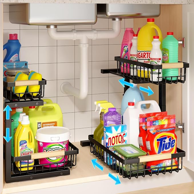 Under Sink Organizer, 2 Pack Height Adjustable Under Sink Organizers and Storage, 2 Tier Pull Out Drawer Cabinet Storage for Kitchen Bathroom