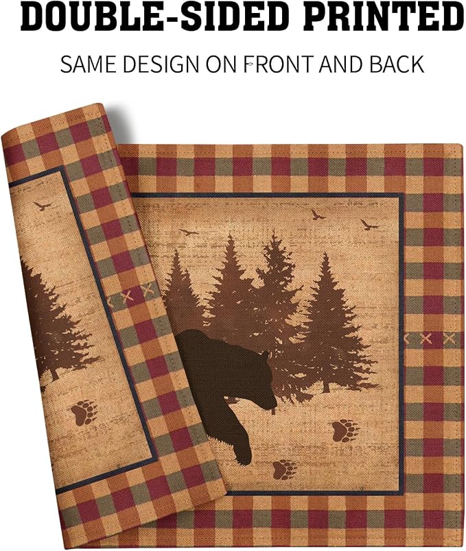 Rustic Bear Forest Pine Tree Placemats Set of 4, Wildlife Paw Print Buffalo Plaid Table Place Mats 18 x12 Inch Heat Resisting Non-Slip Table Mats for Party Holiday Kitchen Farm Indoor Decor