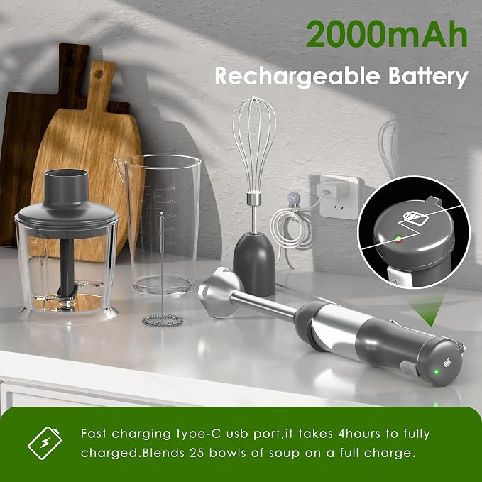 5-in-1 Cordless Immersion Blender with Rechargeable Handheld Battery | Variable-speed 2000mAh Battery，BPA-free&Dishwasher-safe, with Beaker, Chopper, Whisk & Frother for Kitchen, Grey