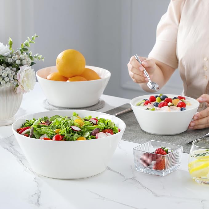 MALACASA White Serving Bowls Set of 3, Ceramic Mixing Bowl for Kitchen | 105/60/35 OZ Bowls for Family Salad, Soup, Pho and Fruit, Microwave & Dishwasher Safe, Series REGULAR