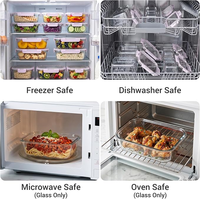 10 Sets 36 oz & 12 oz Glass Food Storage Containers with lids, Purple | 20-Piece Airtight Leak-proof Glass Meal Prep Containers with Lids, Microwave Oven Freezer Dishwasher Safe