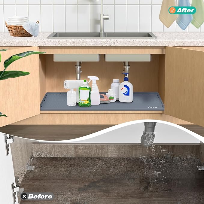 Silicone Under Sink Mat, 31"x22", Waterproof Cabinet Liner, Grey | Shelf Liner, Cabinet Protector, Home Organizer, for Kitchen, Bathroom, Multipurpose, Leak Proof, Easy Clean, Drip Tray, Clean