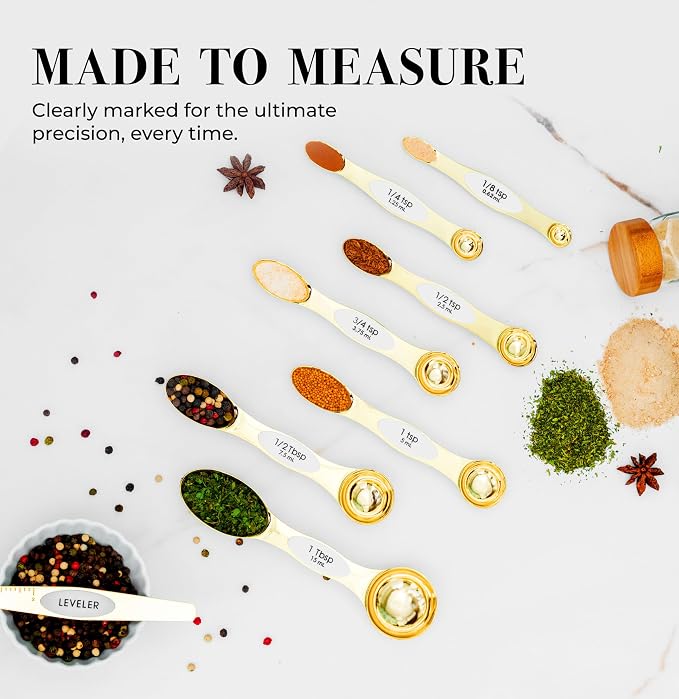 Styled Settings White and Gold Magnetic Measuring Spoons, 8-Piece | Stainless Steel Double Sided Measuring Spoons for Cooking and Baking - White and Gold Kitchen Accessories, Ideal for Gifting