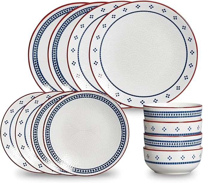 12-Piece Stoneware Dinnerware Set for 4, Geometric Vintage Plates & Bowls, Scratch-resistant Dishwasher & Microwave Safe Dishware, Modern Tableware Service for Everyday Use or Entertaining