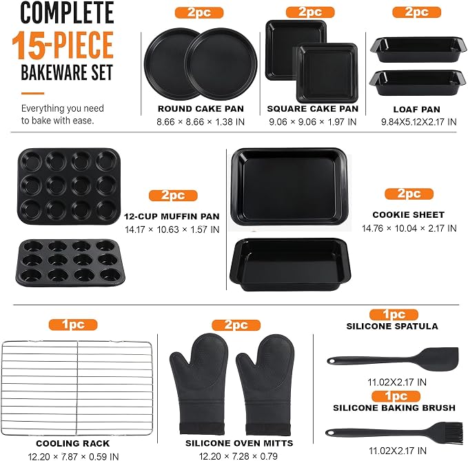 Nonstick Carbon Steel Bakeware Set – Stackable Baking Pans with Cookie Sheet, Muffin Pan, Loaf Pan, Cake Pan & Roasting Pan, Oven Safe to 450°F, (10)