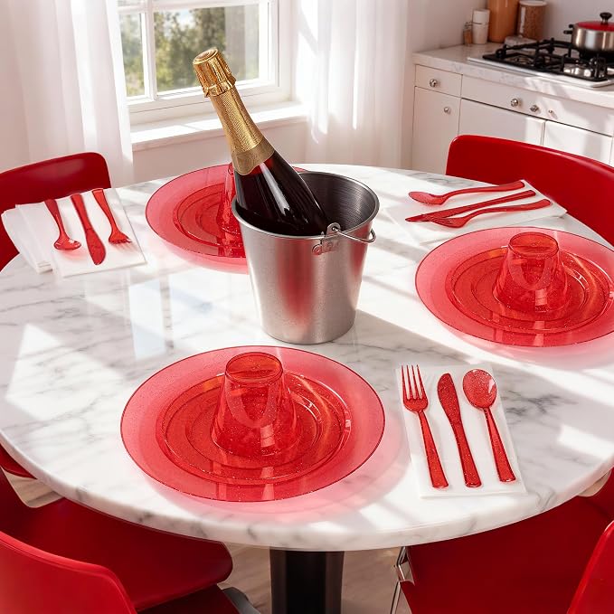DaYammi 210PCS Red Glitter Plastic Dinnerware Set for 30 Guests, Fancy Disposable Plates for Party, Include: 30 Dinner Plates, 30 Dessert Plates, 30 Pre Rolled Napkins with Red Silverware, 30 Cups