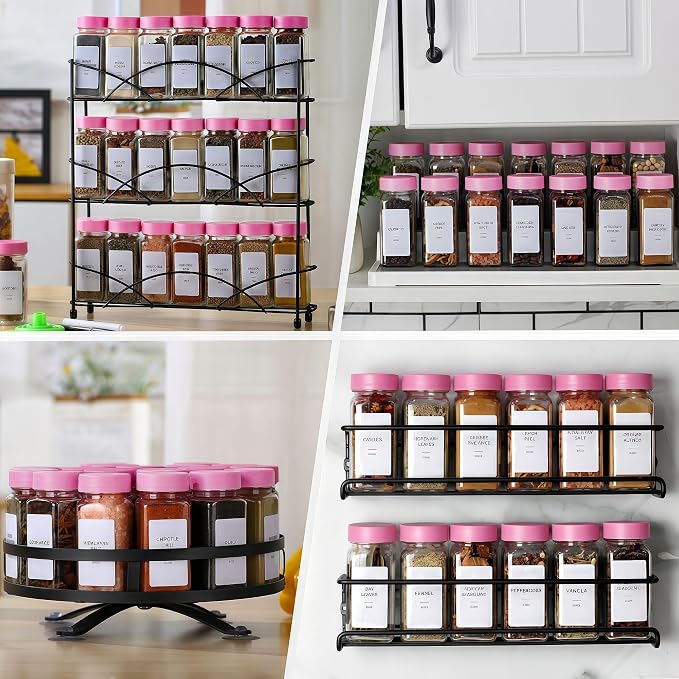 48 Spice Jars with Labels, 4oz Seasoning Jars for Cabinets, Drawers, Racks | Lead-free glass seasoning containers with pink airtight lids, and they are dishwasher safe
