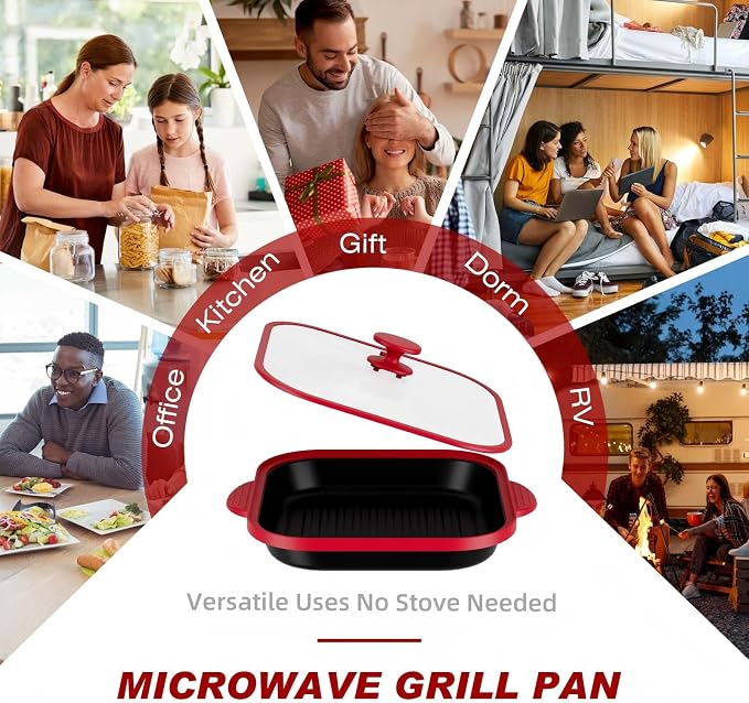 Microwave Grill Pan with Glass Cover - Bacon Cooker, Crisper & Grilled Cheese Maker, Microwave Cookware,Dishwasher Safe for Easy Clean
