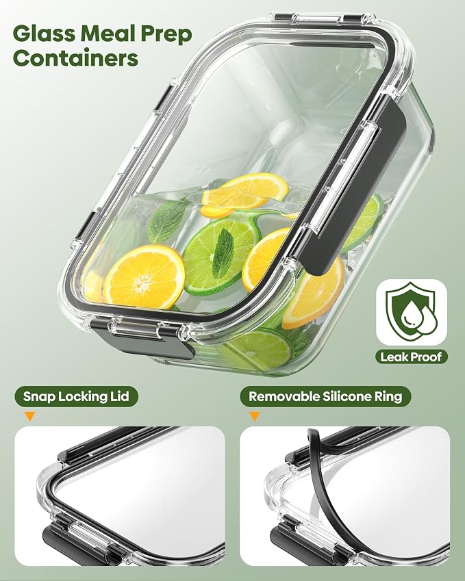 KEMETHY 40 PCS Glass Food Storage Containers with Lids | Borosilicate Glass Meal Prep Containers, BPA-Free, Leak Proof, Reusable, Microwave/Dishwasher Safe, 20 Container & 20 Lid