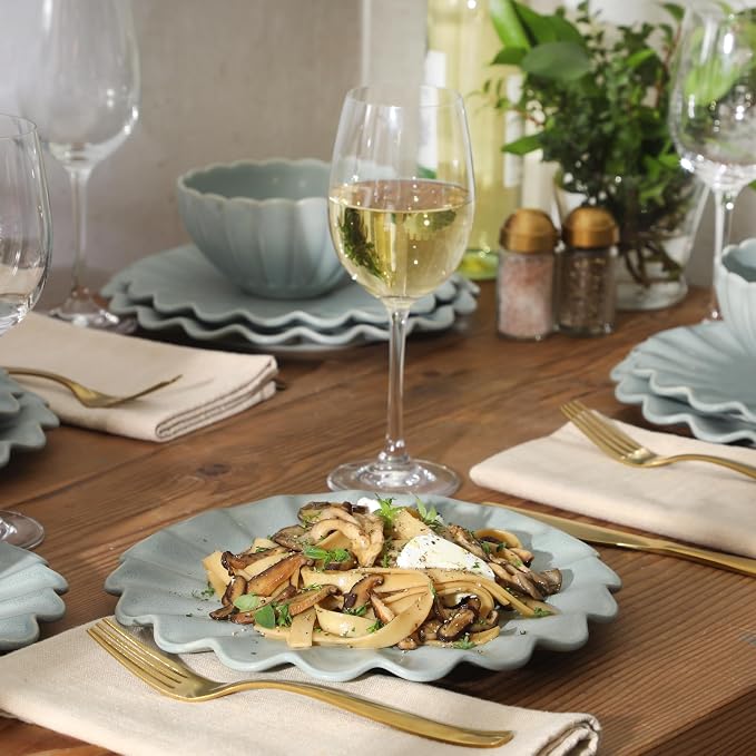 Gibson Elite Bistro Fleur Plates and Bowls Sets, 12-Piece Stoneware Dinnerware Set for 4, Sage Blue Scalloped Dish Set with Dinner Plates, Salad Plates & Bowls