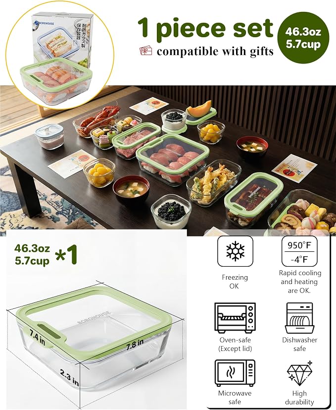 1-Pack Glass Food Storage Containers with Tempered Lids, 5.7Cup Borosilicate Glass Meal Prep Containers, Airtight & Oven-Safe (-4°F~950°F), BPA-Free, （Olive green）