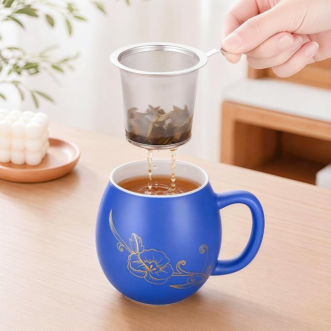 Yundu 12 OZ Ceramic Mug with Lid & Tea Strainer - Matte Blue Tea Cup with Golden Flower, Stainless Steel Infuser for Loose Leaf Tea