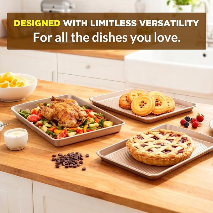 Saker 3-Piece Heavy Duty Carbon Steel Baking Sheets Set,Non-Stick Cookie | | Oven Safe, Even Heating, for Baking, Roasting, Cooking – Professional Grade (Champagne Gold)