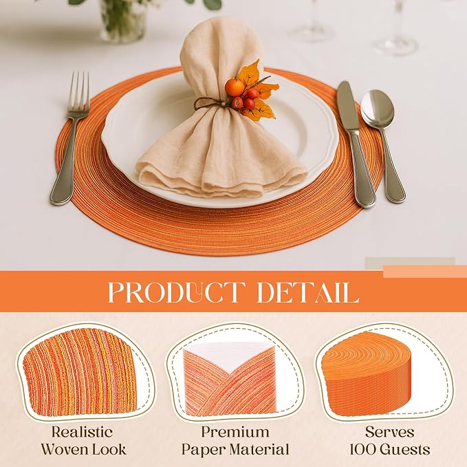 Geosar Disposable Paper Placemat Cotton Woven Look 13'',100 Pcs,Orange