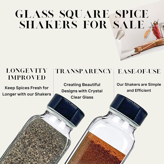 8 oz Glass French Square Spice Jars with Shaker Lids - Elegant Design for Food Storage and Kitchen Organization - Enhance Your Spice Storage – Made in USA