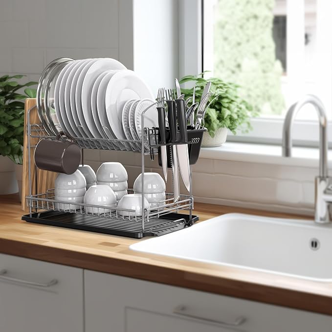 Simple Houseware 2-Tier Dish Rack with Drainboard, Silver