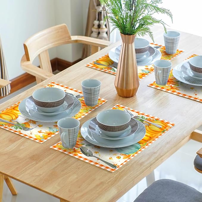 Fall Thanksgiving Placemats Set of 6 18x12 Inch Autumn Pumpkins Maple Leaves Linen Place Mats Heat-Resistant Washable Wipeable Orange Plaid Table Mat for Party Kitchen Dining Room Dinner Table Decor