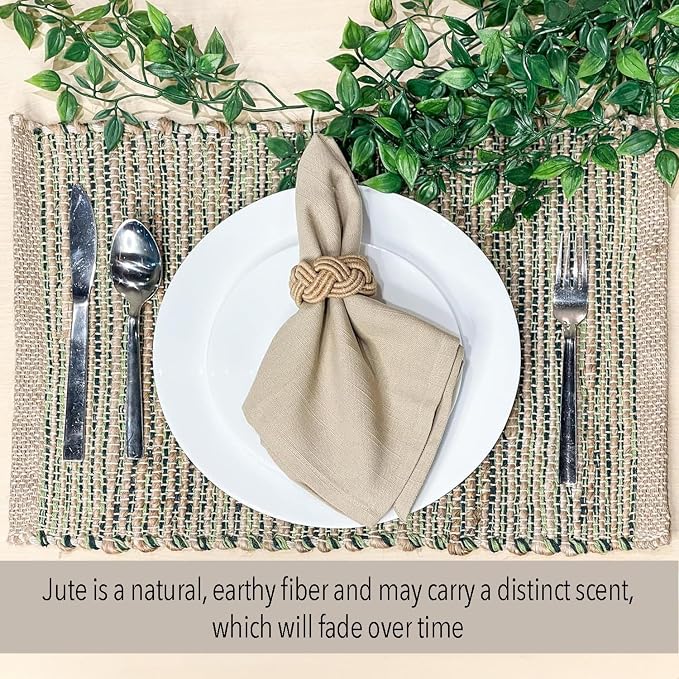 Natural Jute & Green Placemats, Set of 4 – Rustic Handmade Boho Table Mats, 13x19 Inch Dining Table Placemats for Kitchen, Everyday Meals, Holidays, Farmhouse or Modern Table Décor