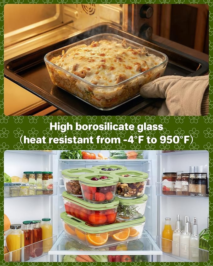 1-Pack Glass Food Storage Containers with Tempered Lids, 5.7Cup Borosilicate Glass Meal Prep Containers, Airtight & Oven-Safe (-4°F~950°F), BPA-Free, （Olive green）