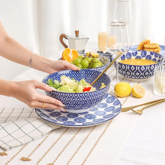 Selamica Ceramic Large Salad Bowls Set, 53 OZ Pho Bowls 8 Inch Soup Bowls for Kitchen, Large Serving Bowls for Ramen Pasta Fruit Dinner, Stackable & Sturdy, Set of 3, Vintage Blue