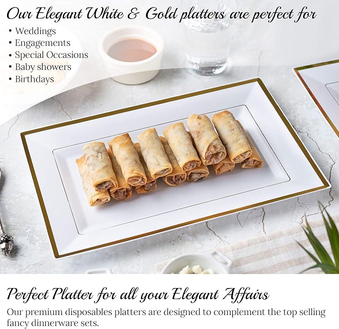 Mint Living-Elegant Plastic Serving Tray & Platter Set (3pk)-White & Gold Rim Disposable Serving Trays & Platters for Food - Weddings, Parties, Dessert Table, Cupcakes - 8x13 inches (White + Gold)