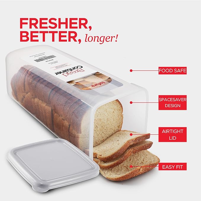 Tafura Bread ContaSilicone-sealed lid helps reduce air exposure to maintain texture and flavor for longer.iner, Airtight BPA-Free Bread Storage Box, White Lid