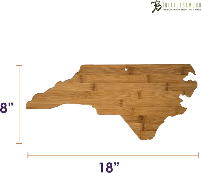 Totally Bamboo 20-7978NC North Carolina State Shaped Bamboo Serving and Cutting Board, Brown | State charcuterie board with natural bamboo grain. Knife-friendly surface for food prep. Hang tie for wall display.