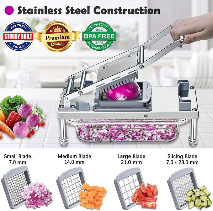 Vegetable Chopper Veggie Cutter Onion Food Potato Tomato Dicer With Blade | Stainless Steel Construction, Fruit Potato Salad Dicer, Dishwasher Safety, Easy Cleaning, Safety Hand Guards